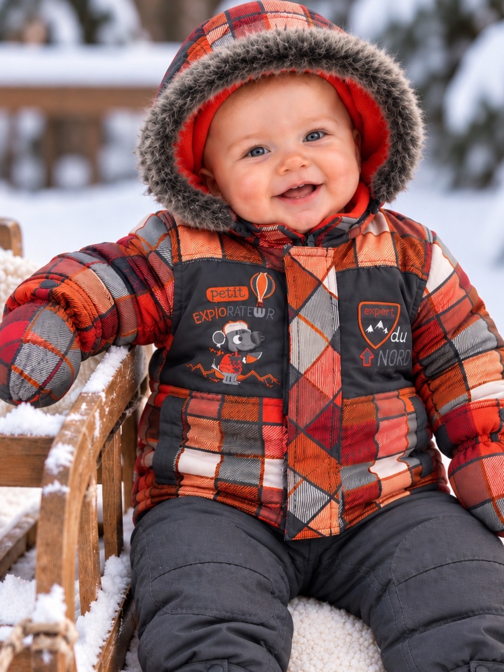 Peluche & Tartine Baby 2-Piece Plaid Snowsuit Set | 9M | Orange Grey Red